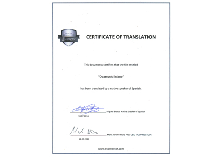 Specjalistyczna korekta native speakera - Proofreading certificate